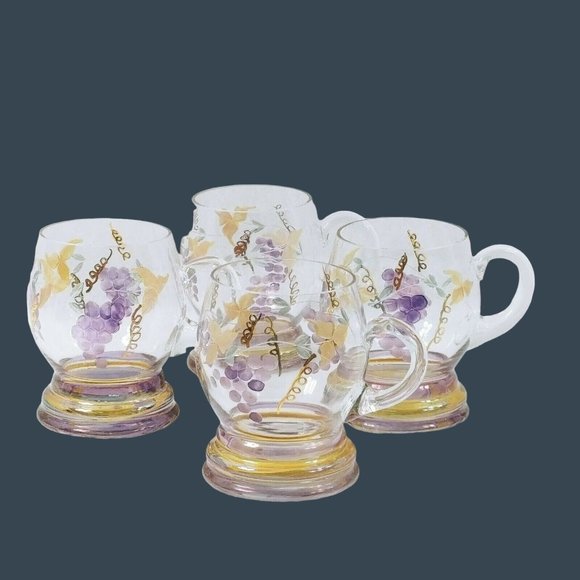 Glass Mugs Set With Etched and Handpainted Grape Leaf Motif Set of 4 - Picture 1 of 5